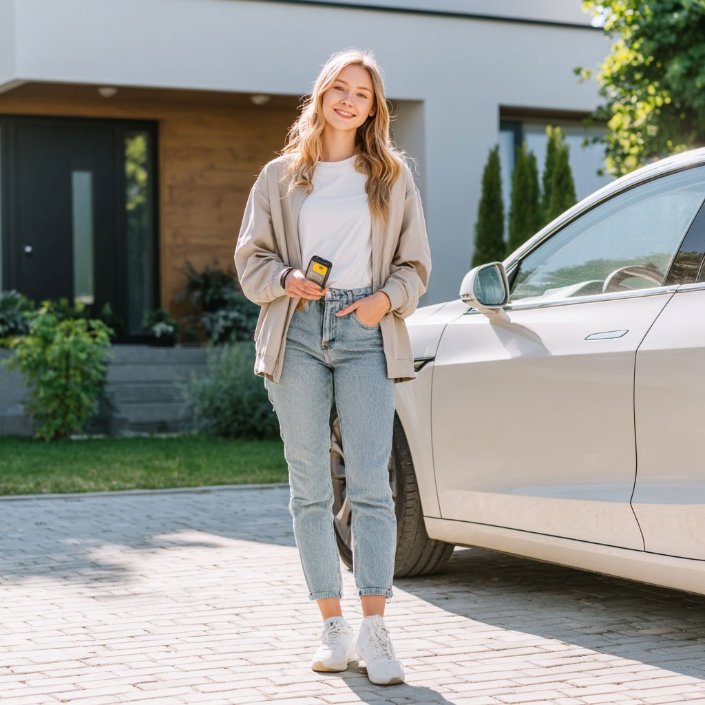 Smiling woman standing next to her car, representing simplicity, reliability, and practicality